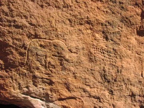 Engraved rhinoceros and game board © Photo: J. Kinahan